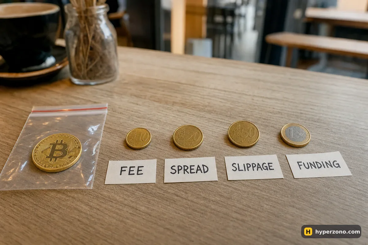 A bitcoin coin in a small bag next to four coins on paper tags labelled FEE, SPREAD, SLIPPAGE and FUNDING