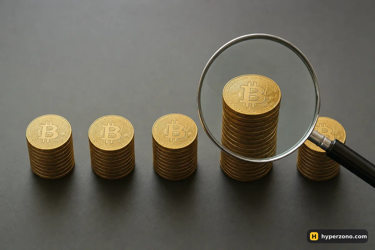 Five equal stacks of gold coins in a row, one stack a single coin taller, seen through a magnifier
