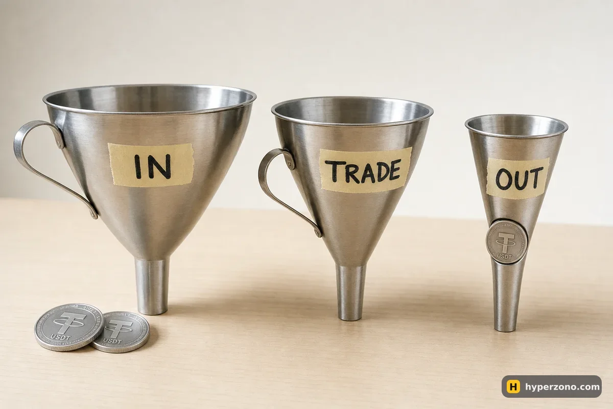 Three funnels of different neck widths labelled IN, TRADE and OUT, with a USDT coin stuck in the narrowest one