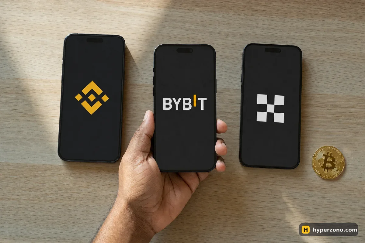 Three smartphones on a table showing the Binance, Bybit and OKX logos; a hand picks up one of them, a Bitcoin coin lies nearby