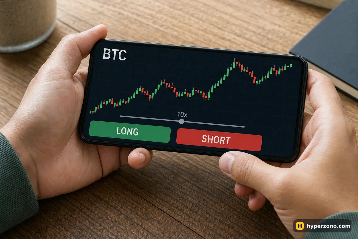 Hands holding a phone sideways showing a BTC candlestick chart, a 10x slider and LONG and SHORT buttons