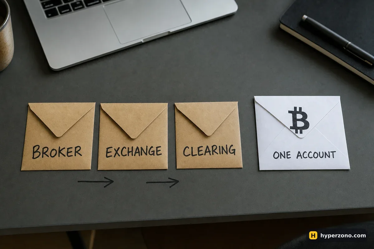 Three labelled envelopes marked BROKER, EXCHANGE and CLEARING next to one envelope marked with a Bitcoin symbol and ONE ACCOUNT