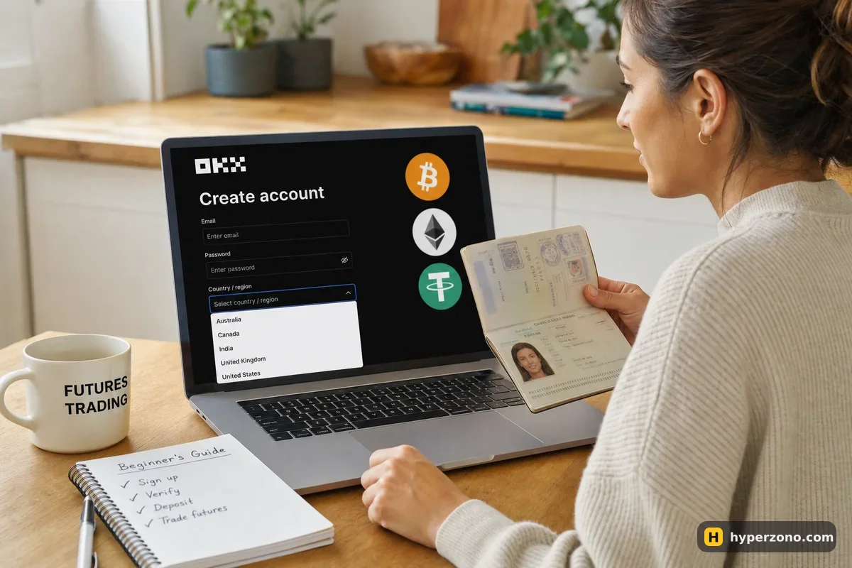 A woman at a kitchen table holding a passport while a laptop shows a sign-up form with a country dropdown open