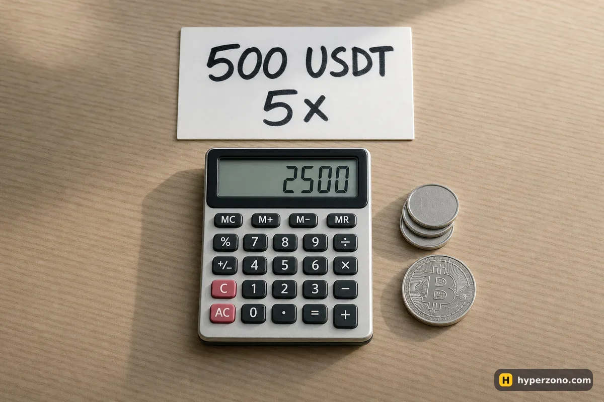 Calculator showing 2500 next to a card reading 500 USDT 5x and a small stack of coins on a wooden desk