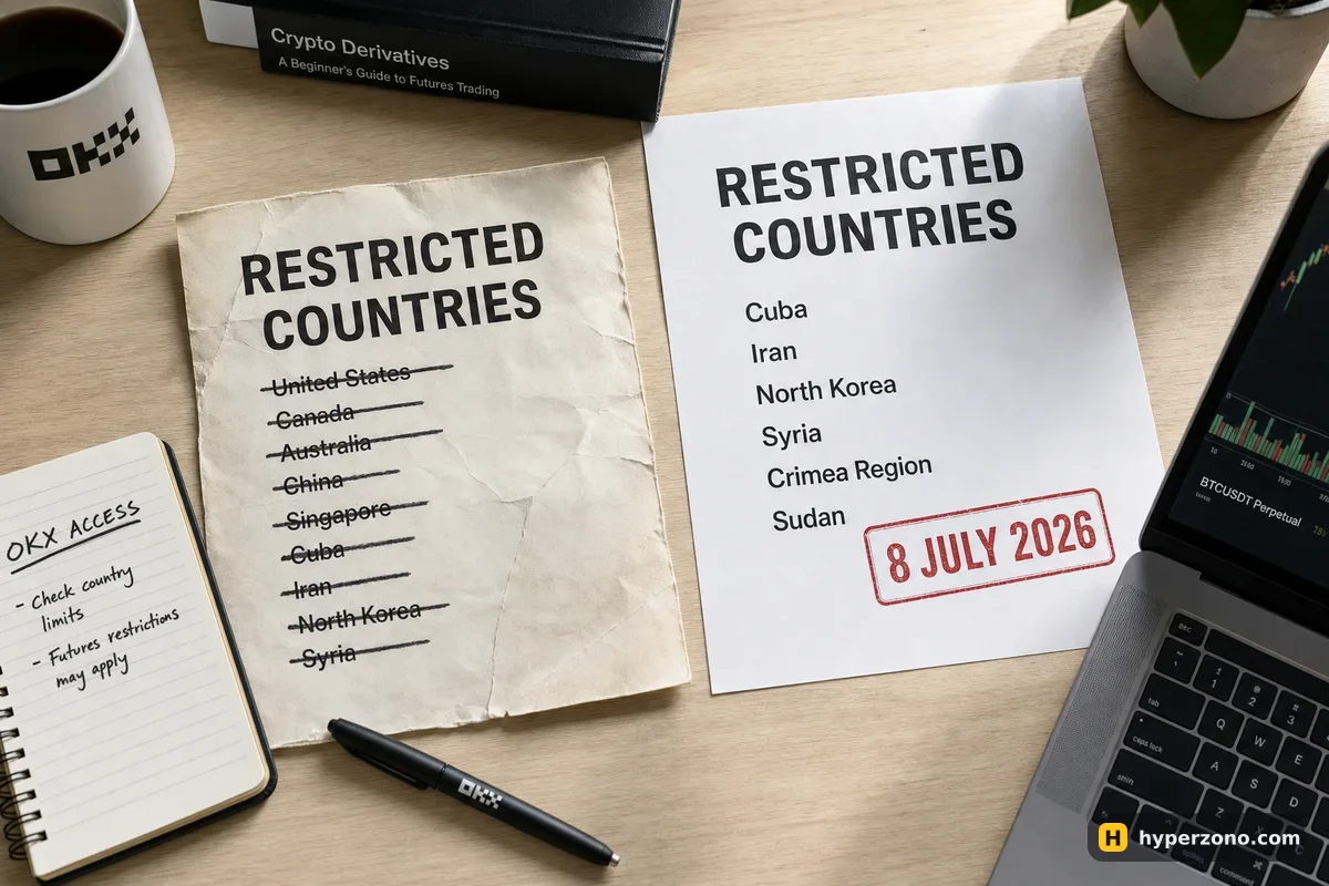 Two printed country lists on a desk: a crisp sheet stamped 8 July 2026 and an older creased sheet with crossed-out lines and no date