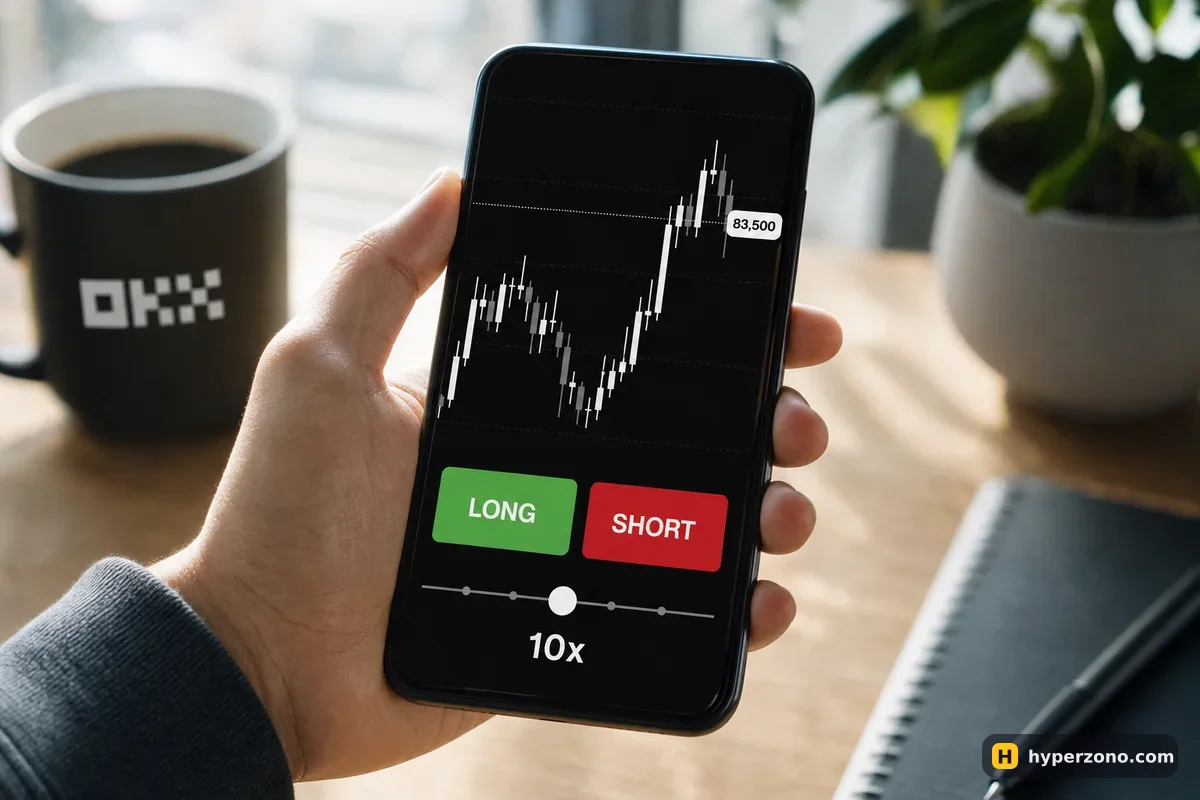 Phone screen showing a bitcoin candlestick chart with LONG and SHORT buttons and a 10x leverage slider