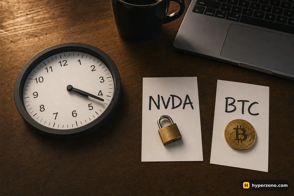 A clock past four o'clock beside a card marked NVDA with a padlock and a card marked BTC with a bitcoin coin