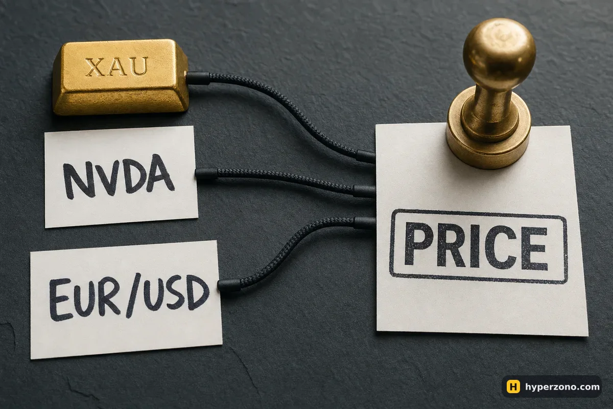 A gold bar and cards labelled NVDA and EUR/USD connected by cords to a brass stamp marking a card with the word PRICE