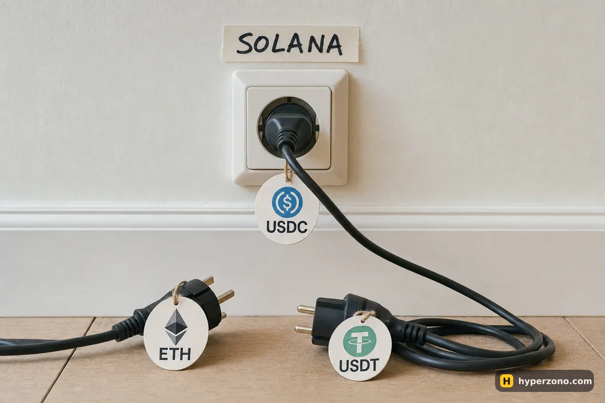 A socket labelled SOLANA with a plug tagged USDC inserted, while plugs tagged ETH and USDT lie unused on the floor