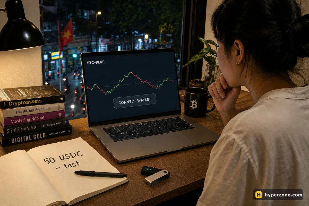 A woman at a desk with a laptop showing a CONNECT WALLET button, a hardware wallet and a notebook reading 50 USDC test
