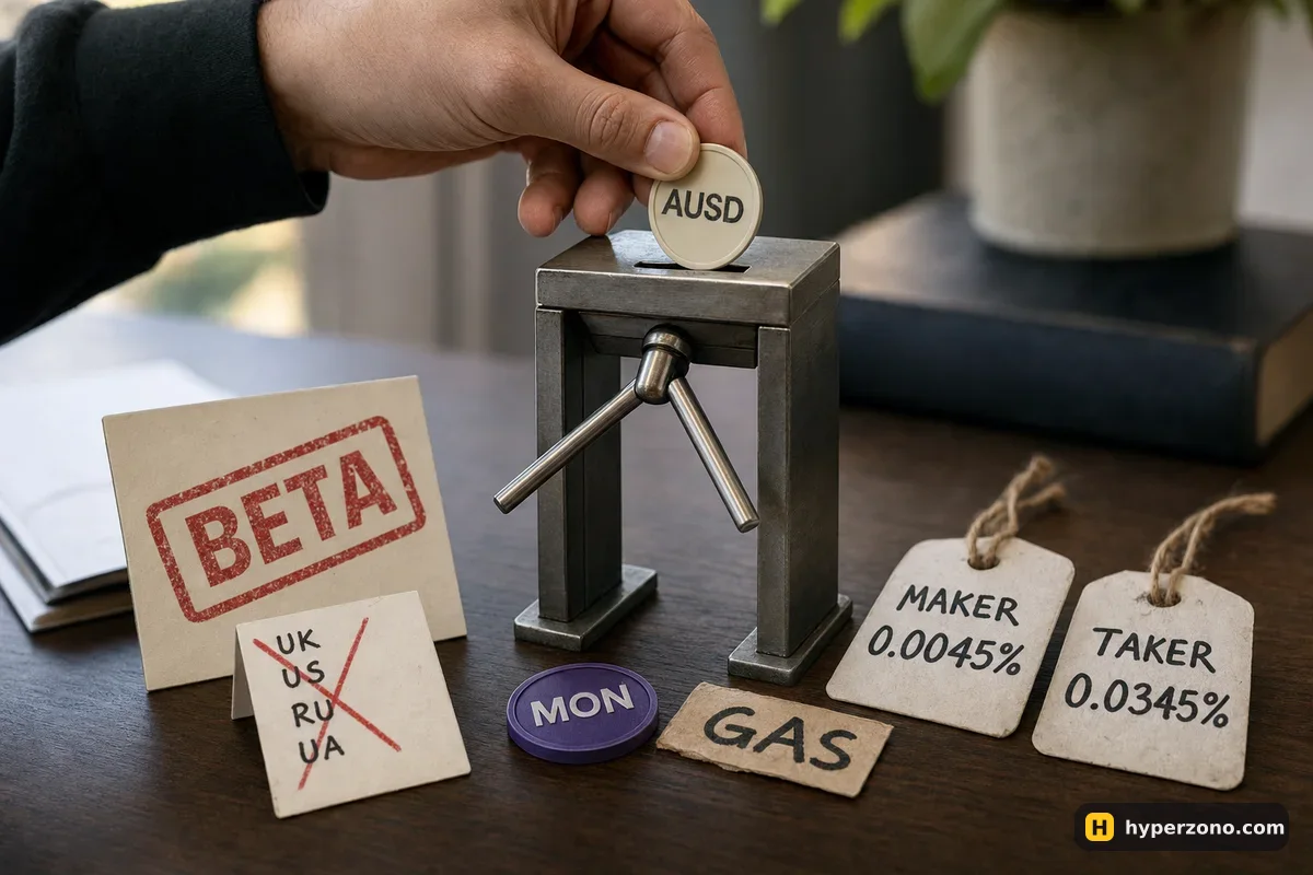 Model turnstile taking an AUSD token, a small MON coin for gas, maker and taker fee tags, a BETA stamp and a card of blocked countries