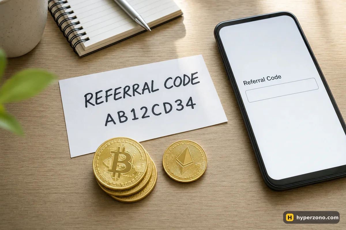 A handwritten referral code slip on a desk next to a phone showing a single empty input box, with four gold coins, one separated from the stack