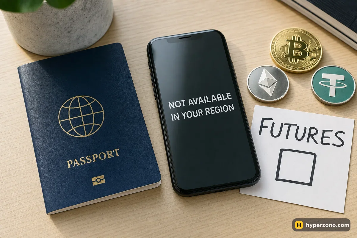 A passport beside a phone showing a short 'not available in your region' message and a card reading FUTURES with an empty checkbox