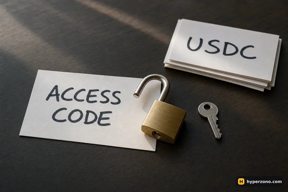 An open brass padlock and a key on a card reading ACCESS CODE, next to a card marked USDC