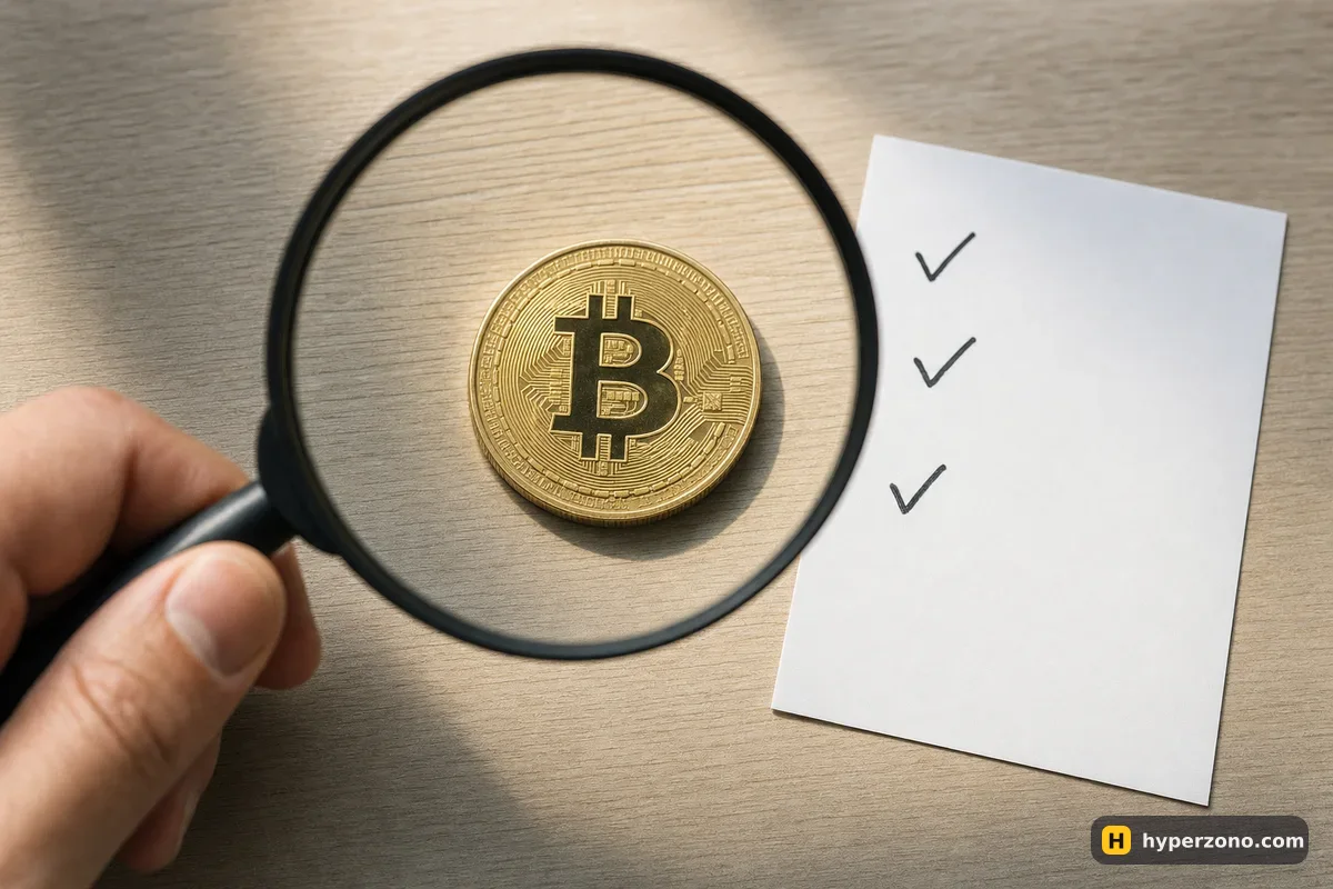 A hand holds a magnifying glass over a Bitcoin coin on a desk beside a paper with three checkmarks
