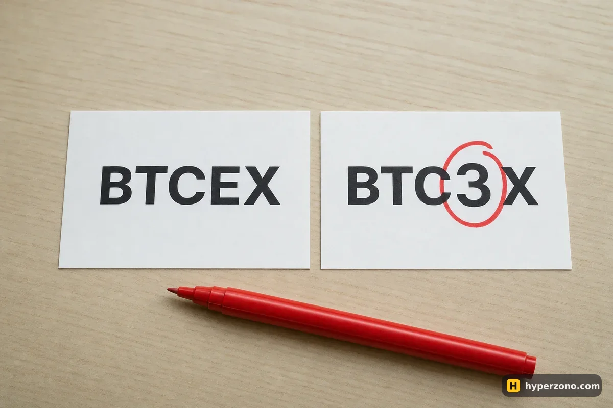 Two printed cards reading BTCEX and BTC3X, with the changed character circled in red pen