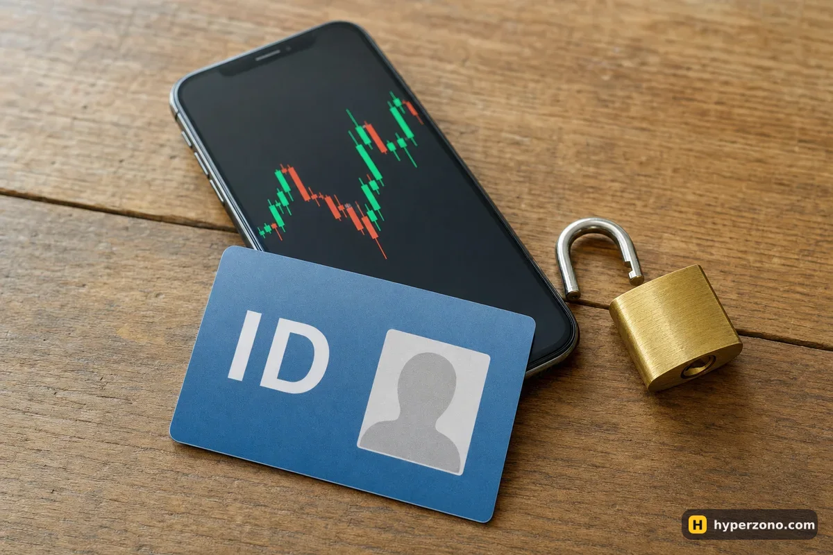 A plain ID card lying next to a phone showing a candlestick chart and an open padlock