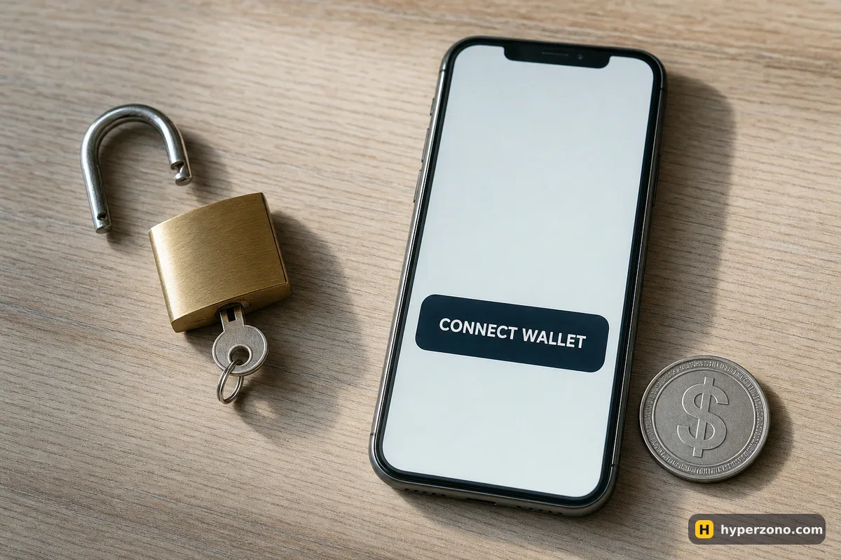 A brass padlock with its key beside a phone showing a CONNECT WALLET button and a silver dollar coin