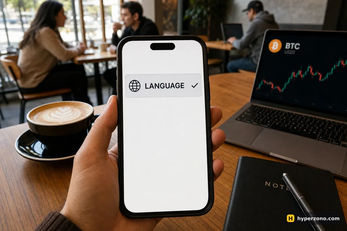 Hand holding a phone showing a simple settings row labelled LANGUAGE with a globe icon