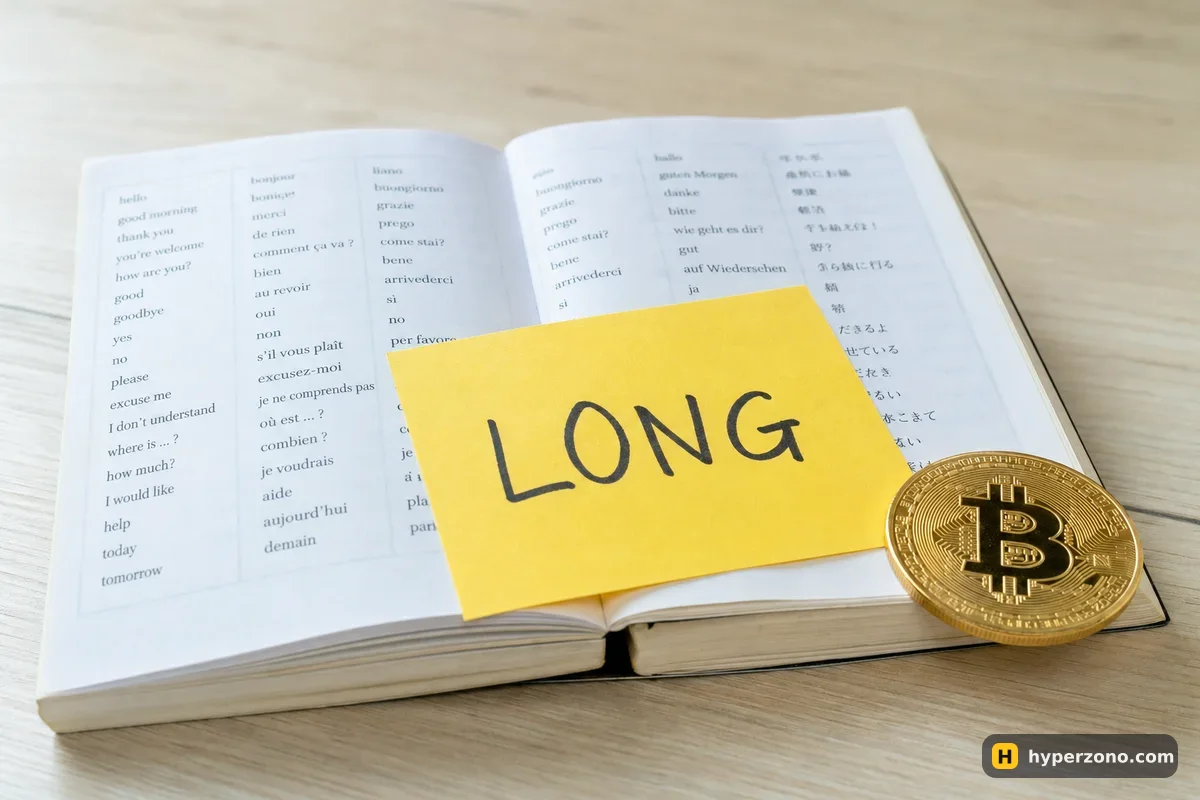 A phrasebook on a desk with a sticky note reading LONG and a Bitcoin coin beside it