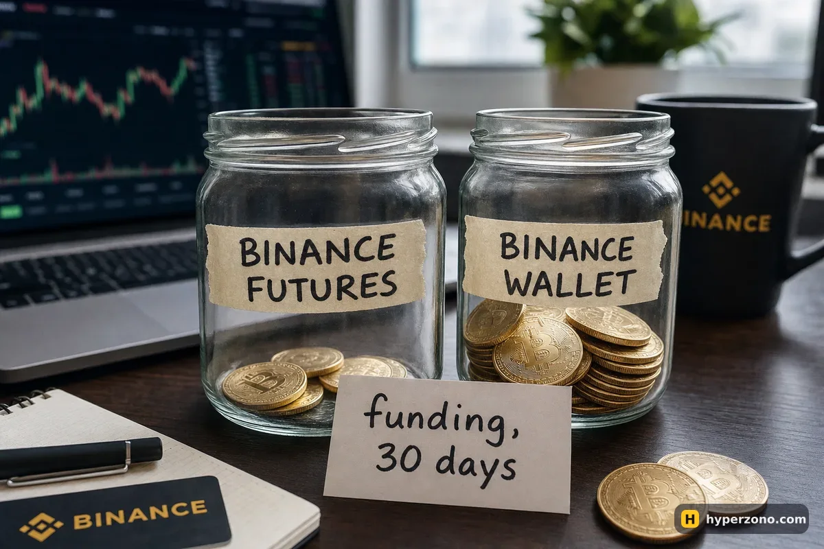 Two labelled glass jars holding different amounts of coins, one marked Binance Futures and one marked Binance Wallet