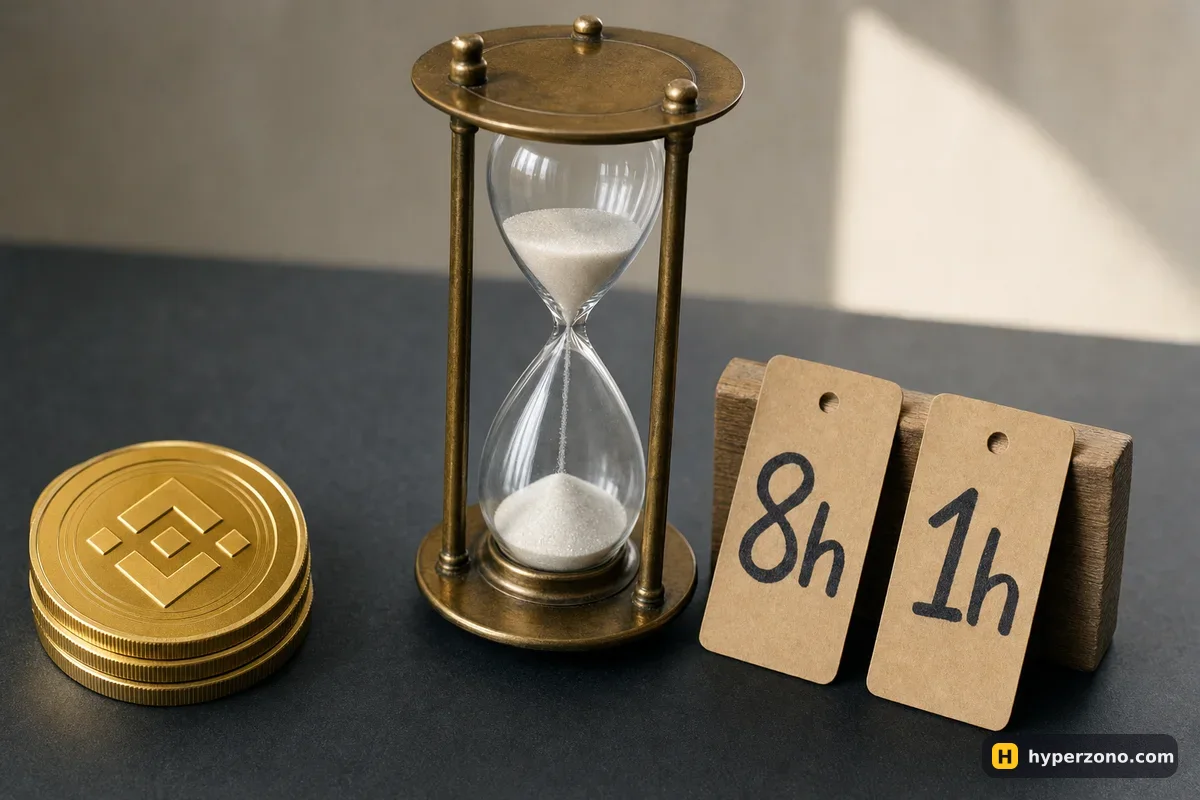 An hourglass beside BNB coins and two paper tags reading 8h and 1h on a desk