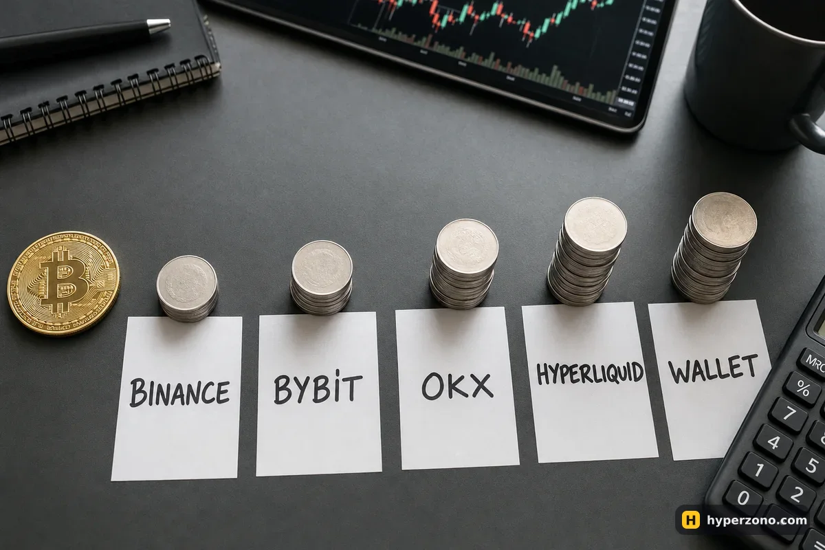 One Bitcoin coin beside five labelled cards, each holding a coin stack of a different height