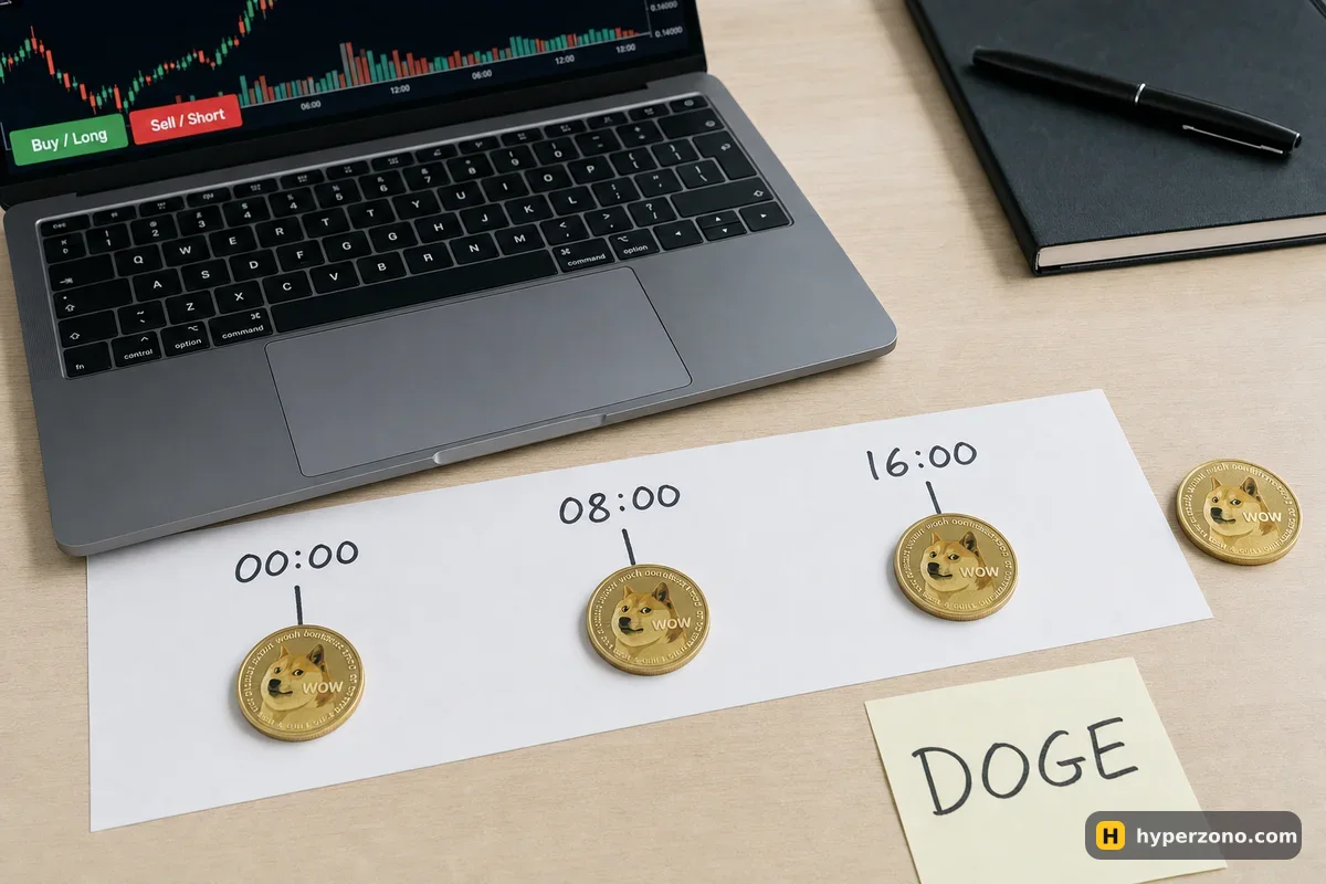 A paper timeline marked 00:00, 08:00 and 16:00 with a small coin on each mark, next to a note reading DOGE