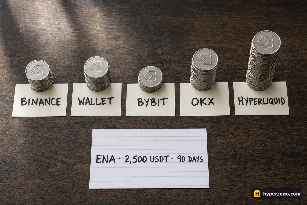 Five coin stacks of different heights on paper labels naming five exchanges, next to a card reading ENA 2,500 USDT 90 days