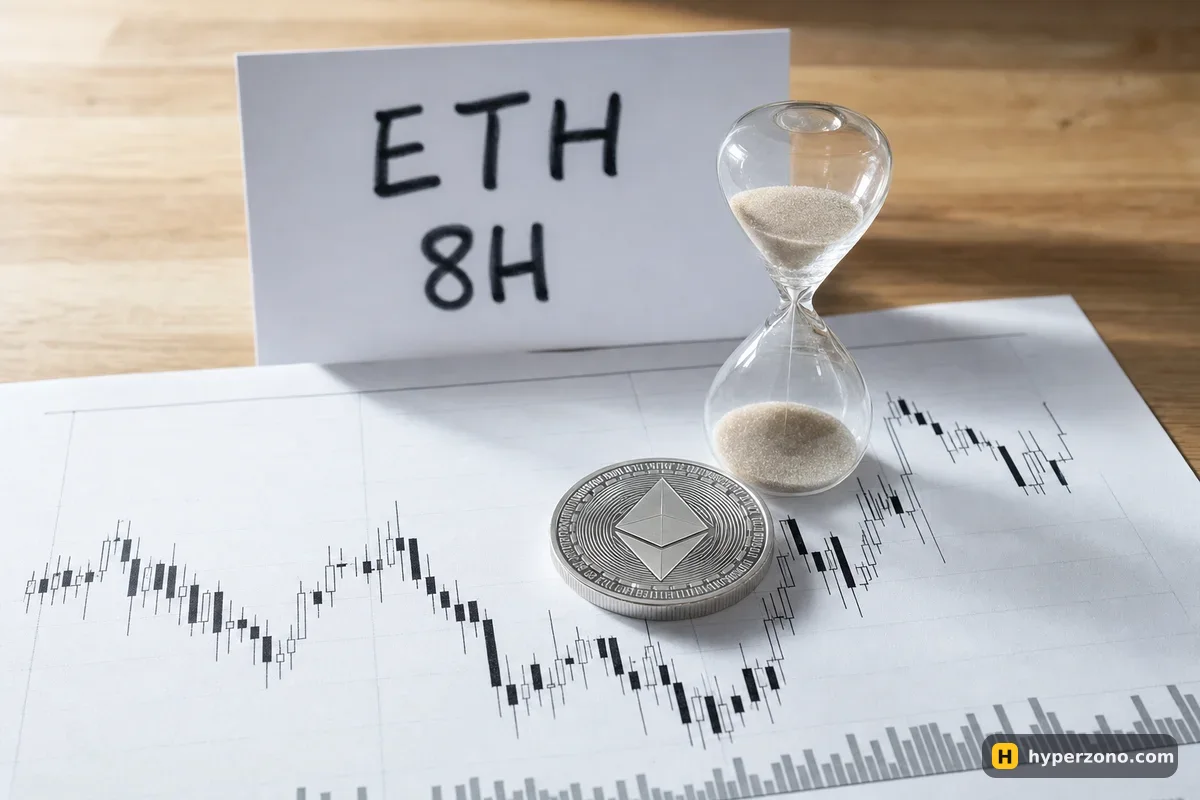 Ethereum coin on a printed candlestick chart next to an hourglass and a card reading ETH 8H
