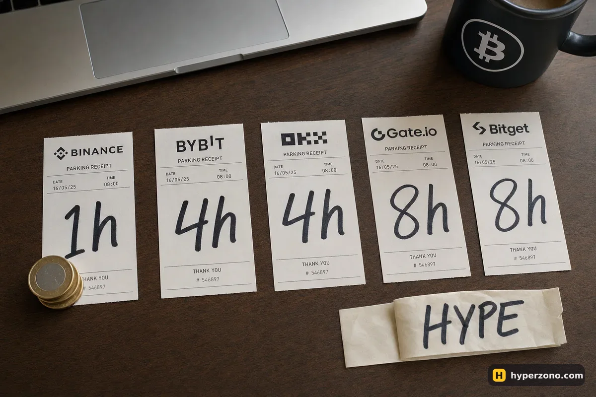 Five parking tickets in a row marked 1h, 4h, 4h, 8h and 8h, with coins on the first one and a paper tag reading HYPE