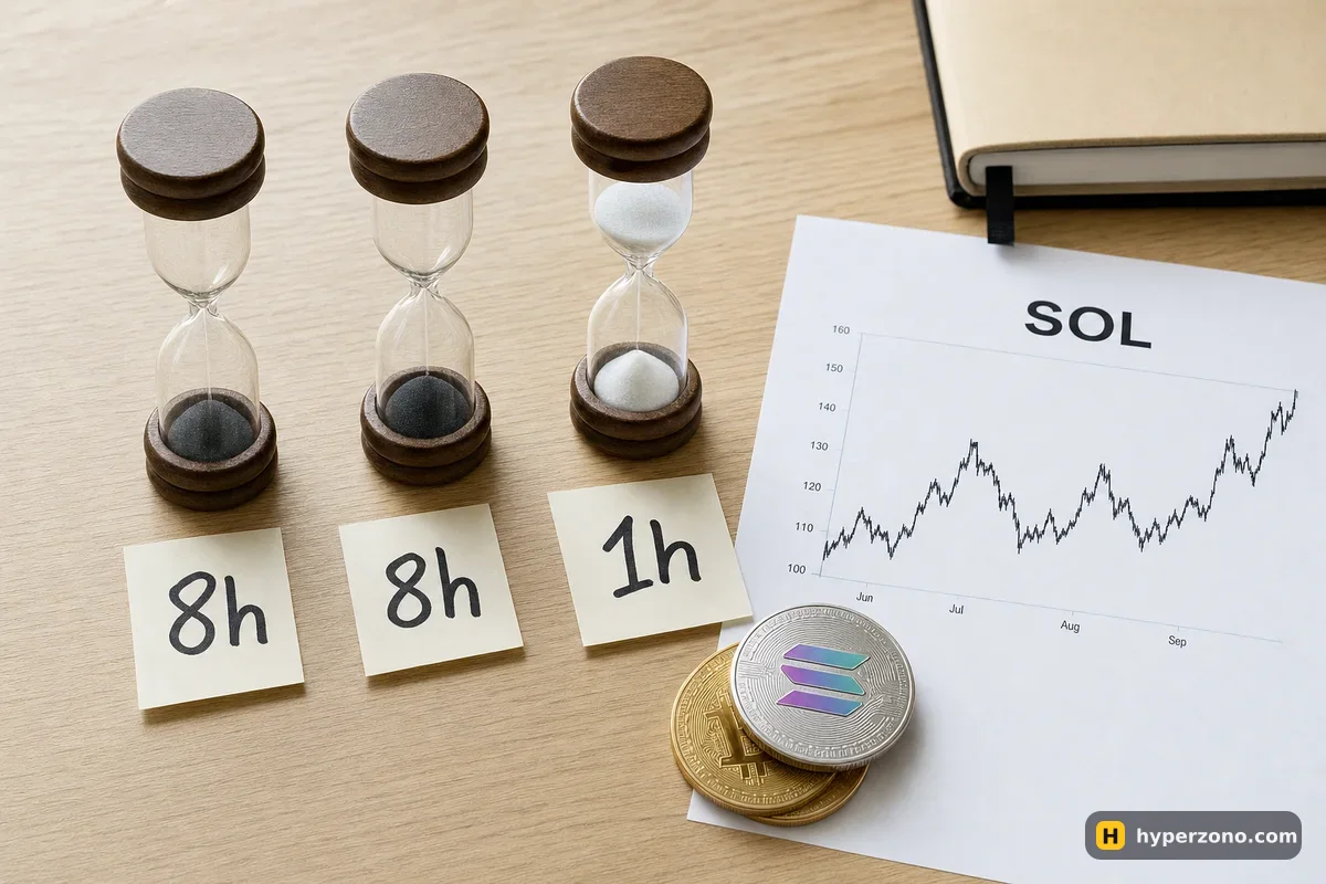 Three sand timers labelled 8h, 8h and 1h standing next to a printed SOL price chart and a small stack of coins