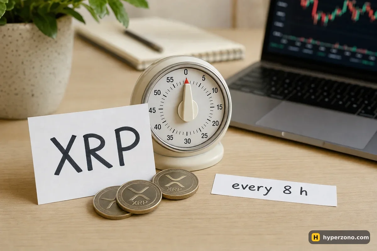 A kitchen egg timer on a desk next to a card reading XRP, a few coins and a paper strip saying every 8 h