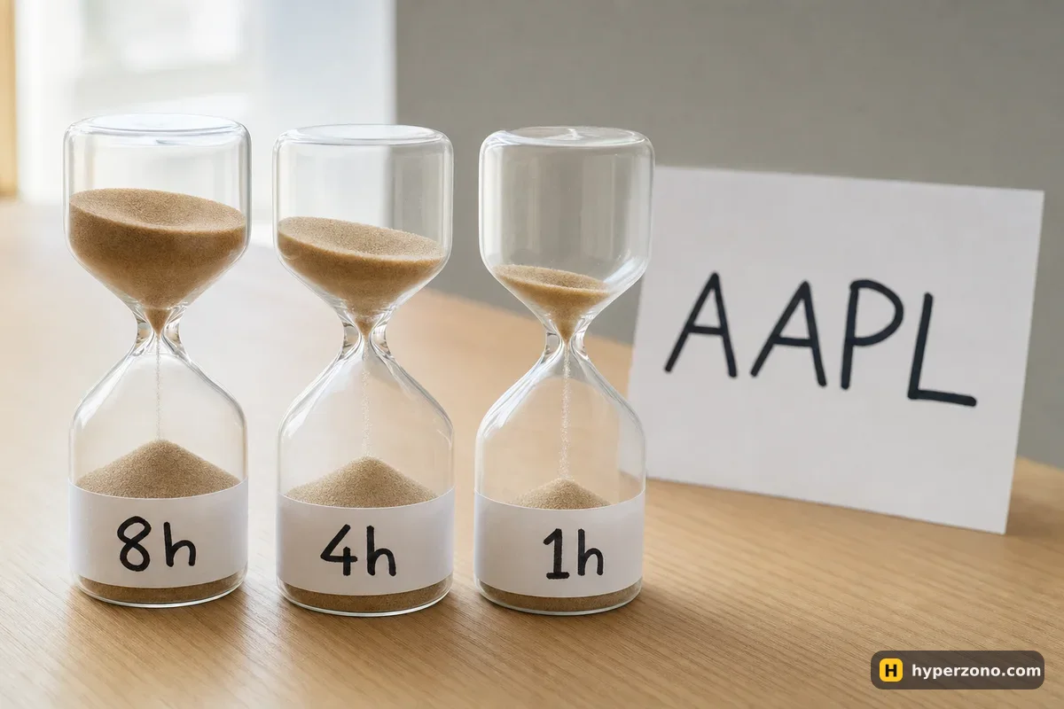 Three hourglasses labelled 8h, 4h and 1h standing next to a card marked AAPL