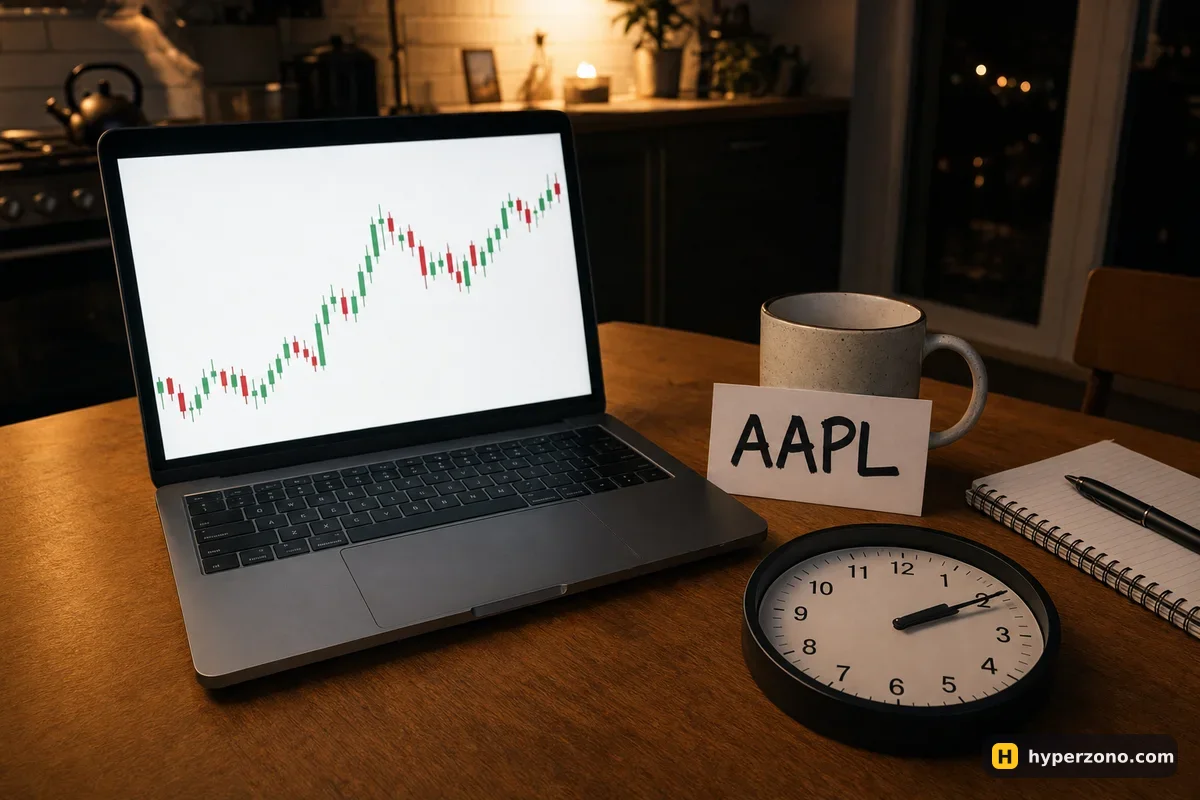 Laptop with a candlestick chart at night next to a clock and a card marked AAPL