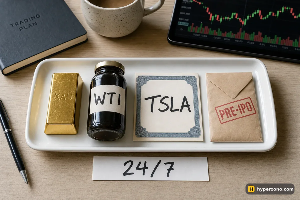 A tray holding a gold bar marked XAU, a jar labelled WTI, a paper marked TSLA and an envelope stamped PRE-IPO, with a strip reading 24/7