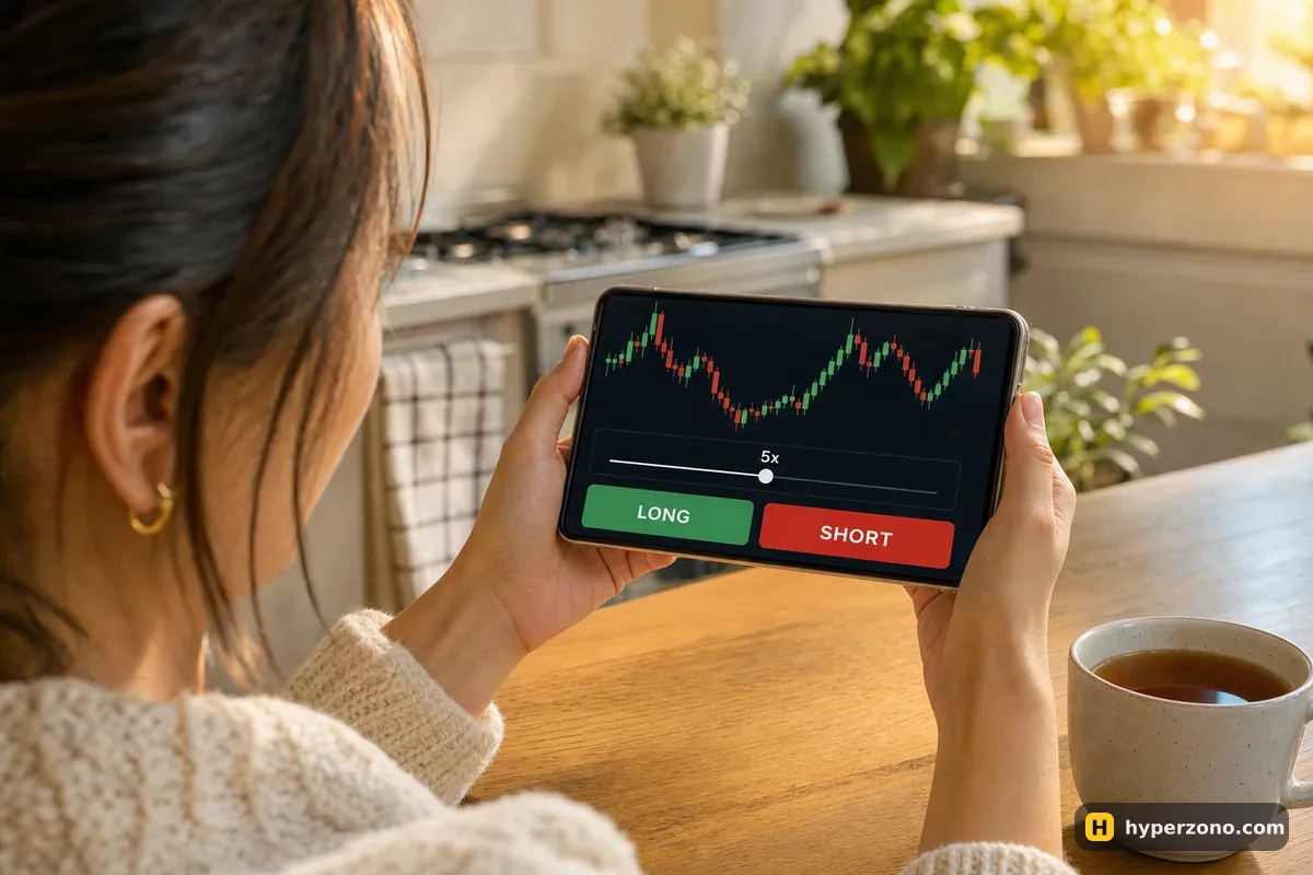 A woman holding a phone showing a chart, a 5x leverage slider and LONG and SHORT buttons
