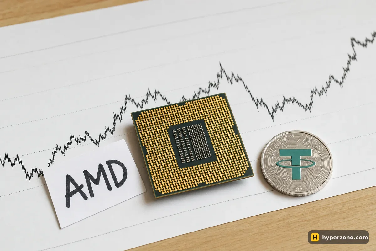 A computer processor chip on a printed price chart next to a paper tag reading AMD and a USDT coin