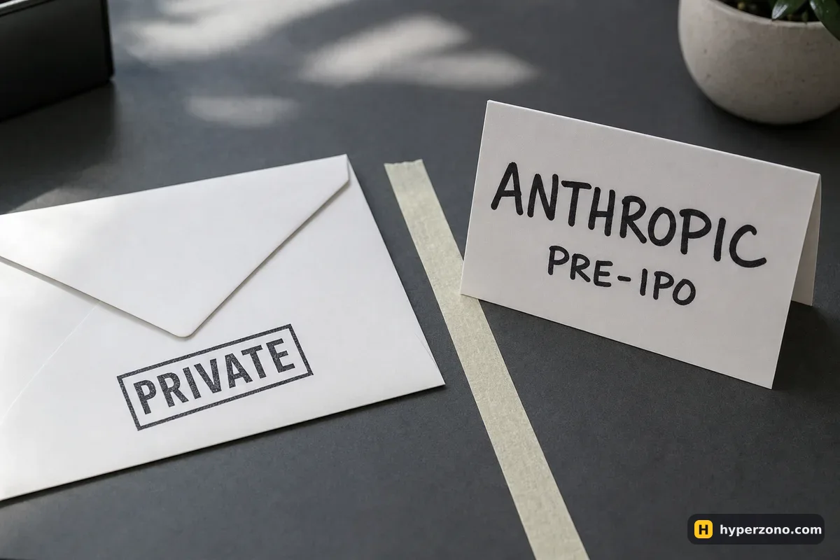A sealed envelope marked PRIVATE next to a card reading ANTHROPIC PERP, separated by a taped line on a desk