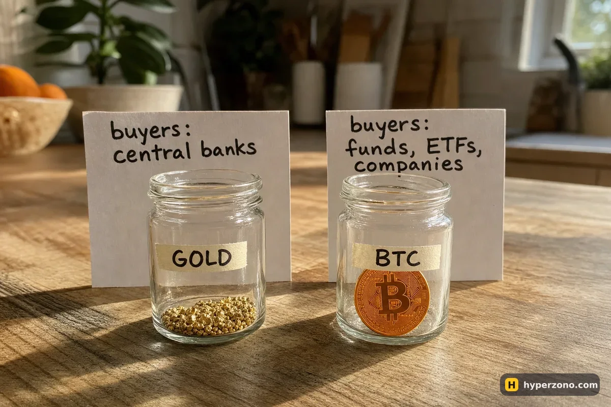 Two labelled glass jars on a kitchen table, one with gold grains, one with a single Bitcoin coin, each with a handwritten card naming its buyers