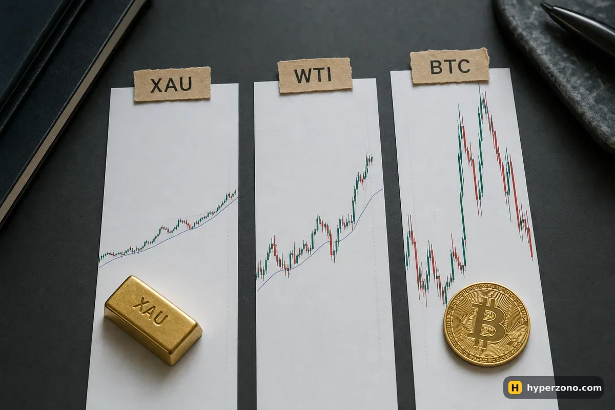 Three printed price-chart strips labelled XAU, WTI and BTC side by side, the bitcoin line far more jagged than the gold one