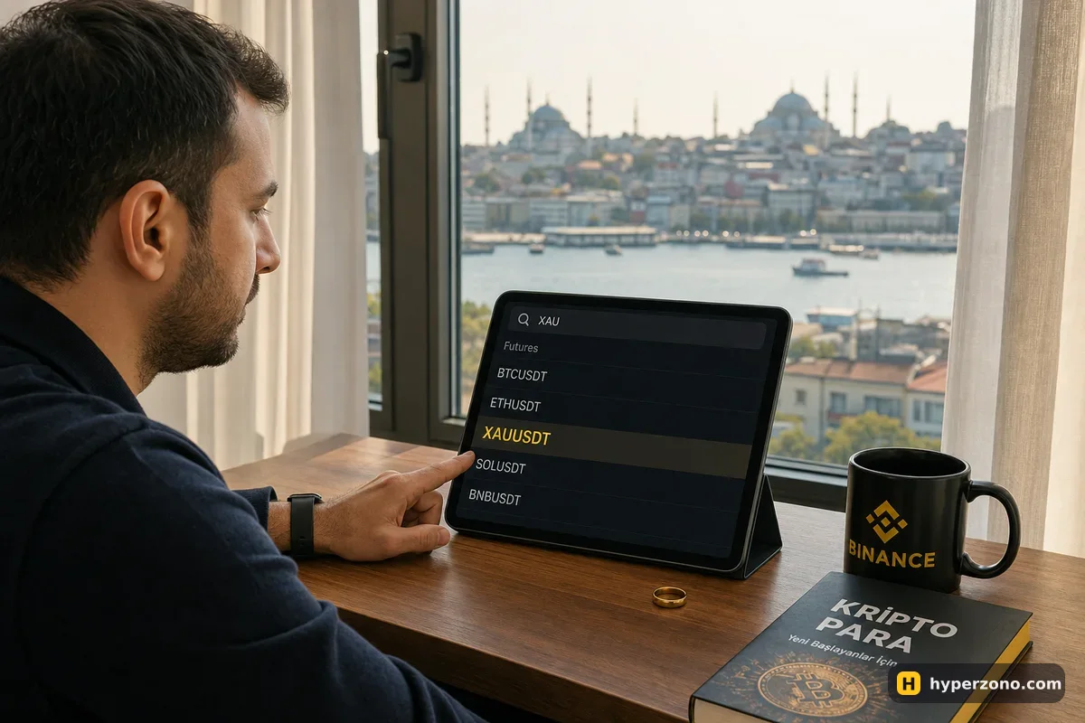 A man searching XAU in a futures market list on a tablet, a gold ring on the desk beside it