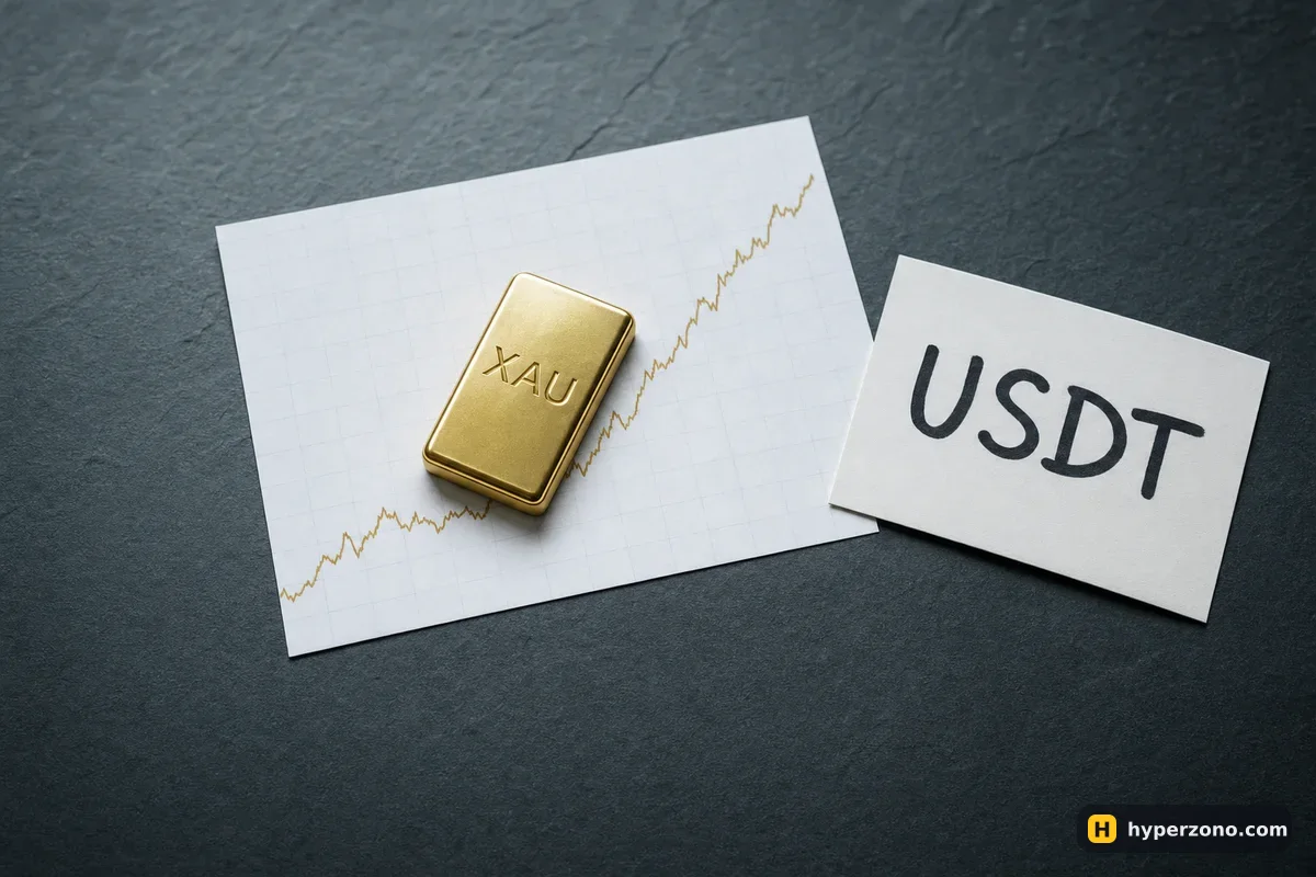 A small gold bar marked XAU on a printed price chart next to a card reading USDT