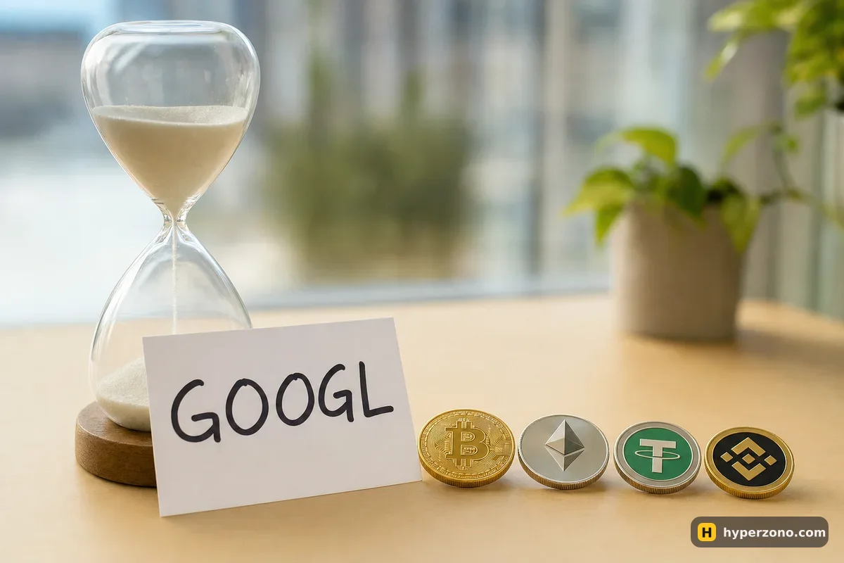 An hourglass next to a card reading GOOGL and four small coins on a wooden desk