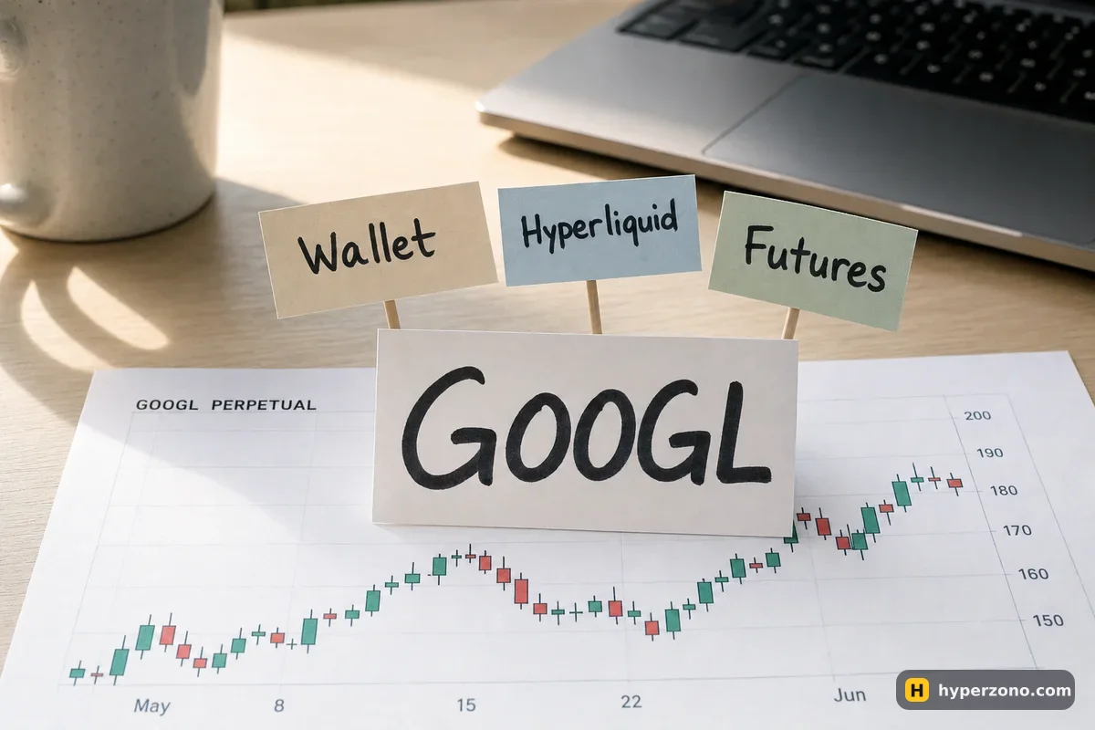 A card reading GOOGL on a printed candlestick chart with three small signposts labelled Wallet, Hyperliquid and Futures