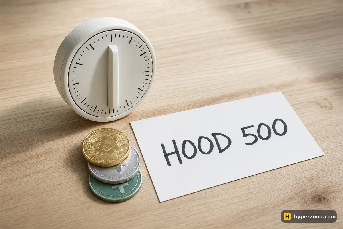 A plain kitchen timer beside three coins and a card reading HOOD 500