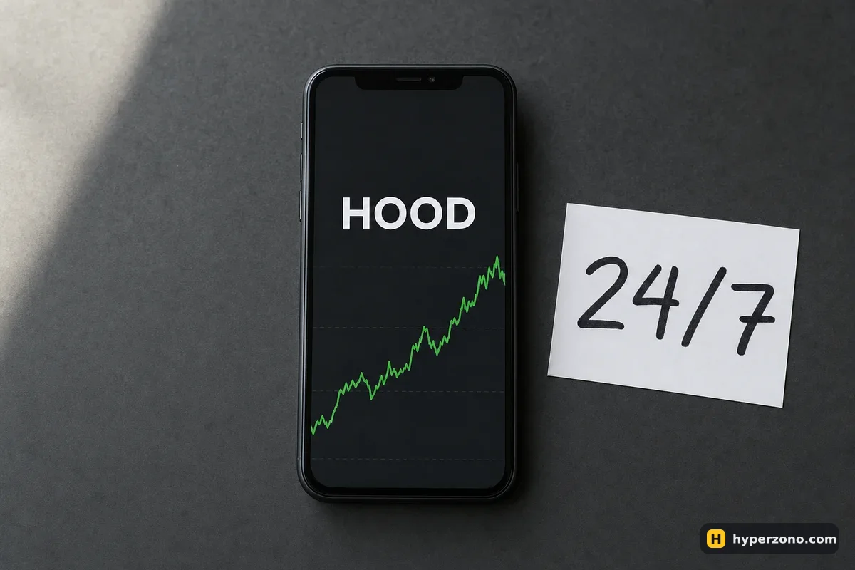 Phone showing a simple HOOD price line next to a paper card marked 24/7