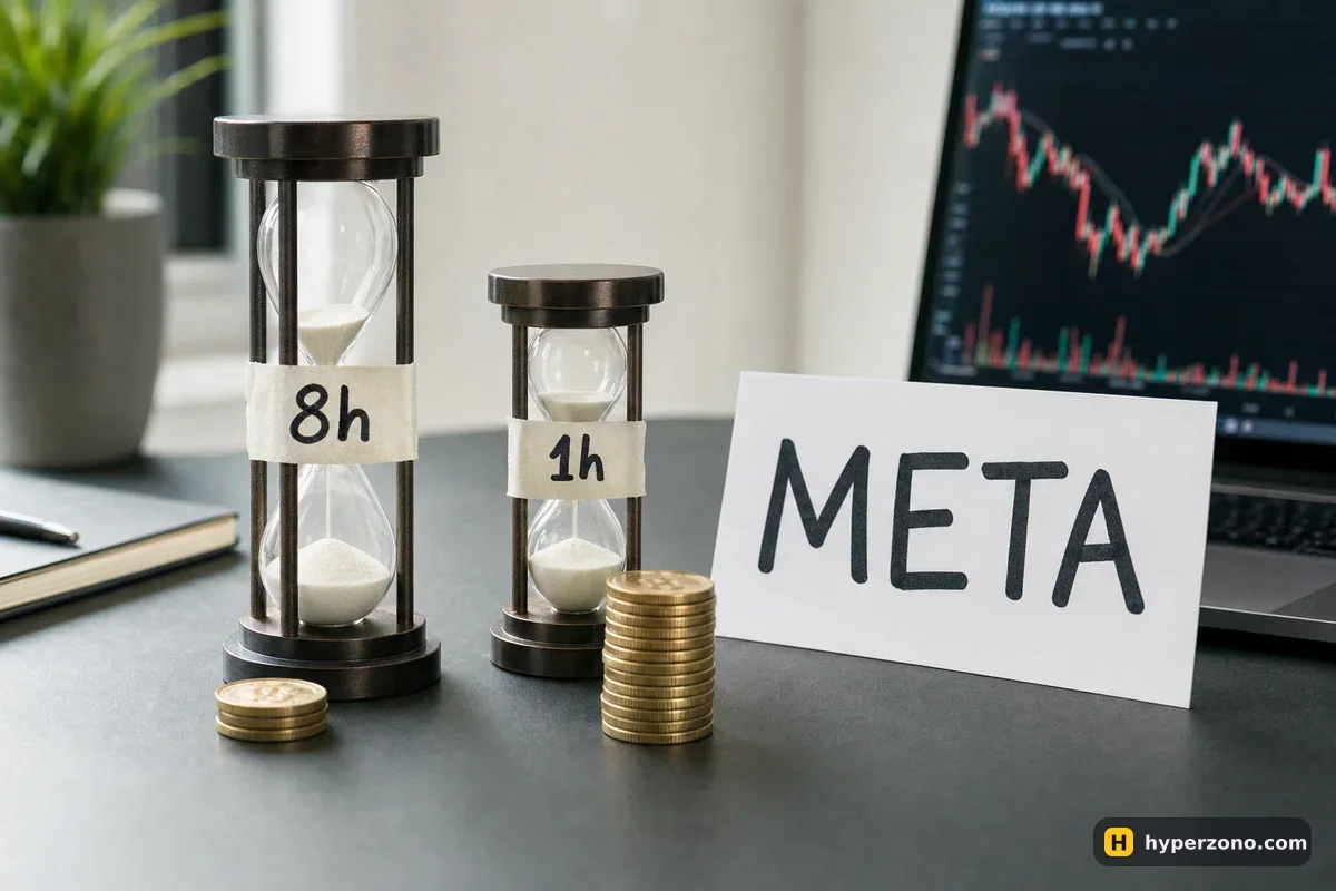 Two sand timers labelled 8h and 1h with small coin stacks in front of each, next to a card reading META