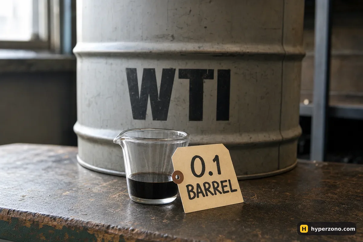 A large steel oil drum marked WTI behind a small glass measuring cup labelled 0.1 barrel