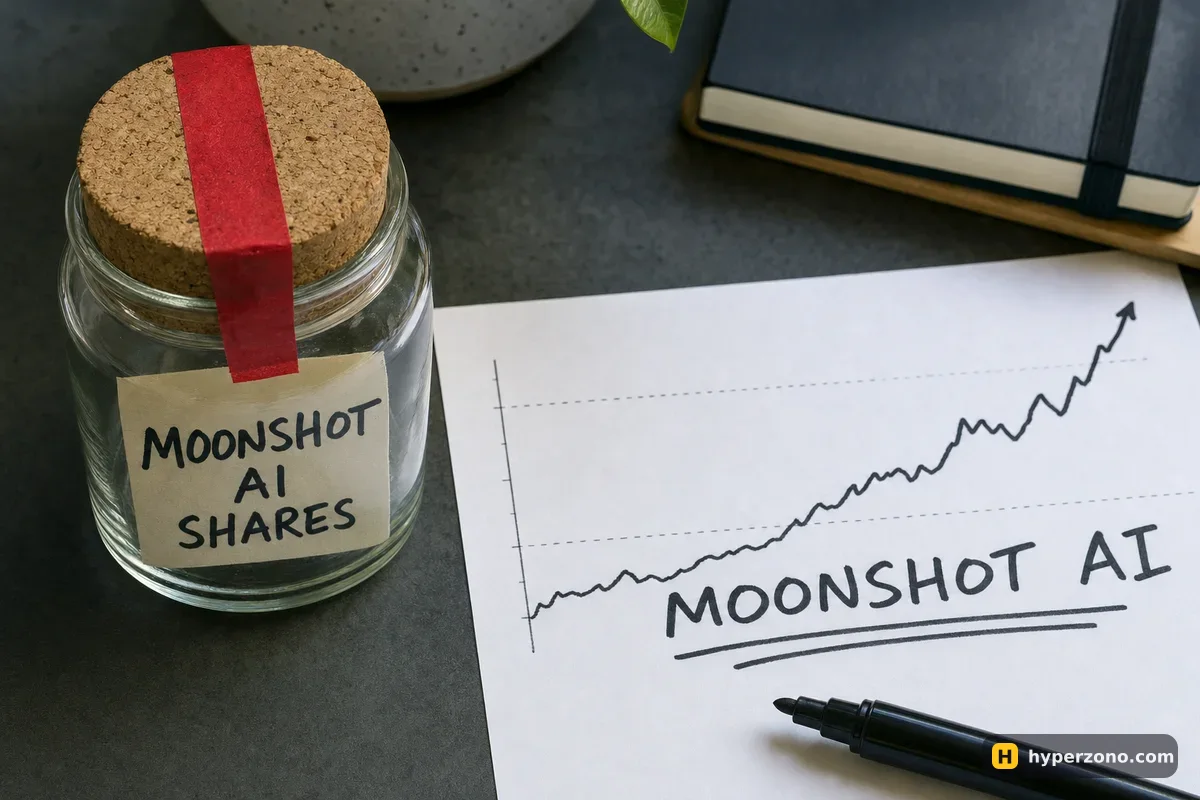 A sealed glass jar labelled Moonshot AI shares next to a printed price chart marked Moonshot AI